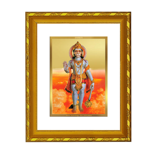 DIVINITI 24K Gold Plated Foil Lord Hanuman Photo Frame Idol for Home Wall Decor, Workshop, Table Top, Gift|DG103 Size 2 (22.6x18.4 CM)