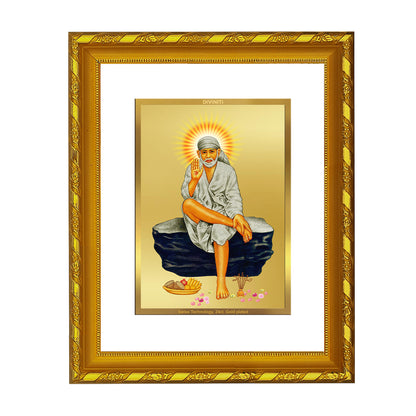 DIVINITI 24K Gold Plated Foil Sai Baba Photo Frame for Home Wall Decor, Workshop, Table Top, Premium Gift|DG103 Size 2 (22.6x18.4 CM)