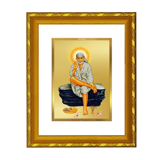 DIVINITI 24K Gold Plated Foil Sai Baba Photo Frame for Home Wall Decor, Workshop, Table Top, Premium Gift|DG103 Size 2 (22.6x18.4 CM)