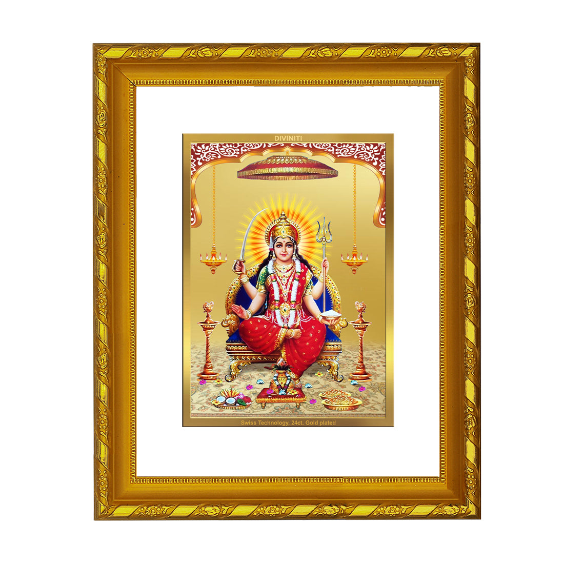 DIVINITI 24K Gold Plated Foil Santoshi Mata Photo Frame for Home Decor, Table Top, Wall Hanging, Workshop, Premium Gift|DG103 Size 2 (22.6x18.4 CM)