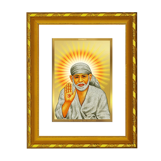 DIVINITI 24K Gold Plated Foil Sai Baba Photo Frame Idol for Puja Room, Home Wall Decor, Workshop, Table Top, Gift|DG103 Size 2 (22.6x18.4 CM)