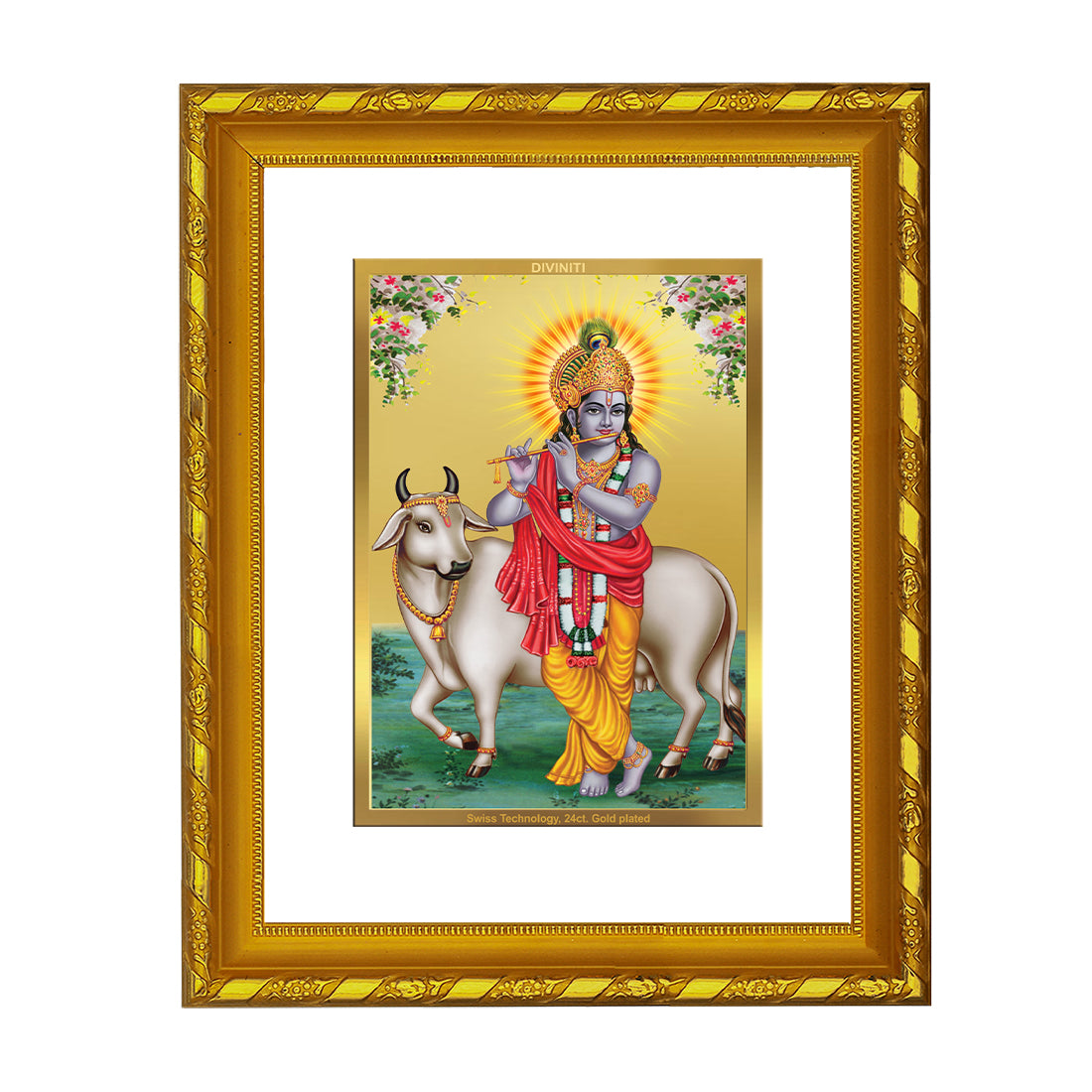 DIVINITI 24K Gold Plated Foil Lord Krishna Photo Frame Idol for Home & Office Decor, Wall Hanging, Workshop, Table Top, Gift|DG103 Size 2 (22.6x18.4 CM)