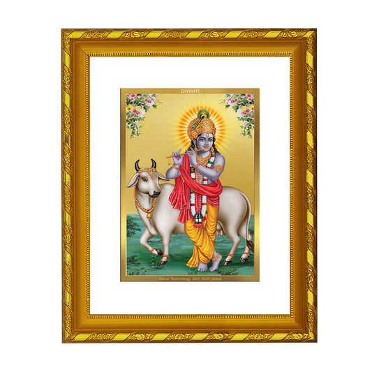 DIVINITI 24K Gold Plated Foil Lord Krishna Photo Frame Idol for Home & Office Decor, Wall Hanging, Workshop, Table Top, Gift|DG103 Size 2 (22.6x18.4 CM)