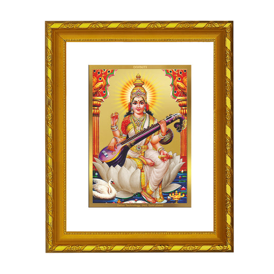 DIVINITI 24K Gold Plated Foil Goddess Saraswati Photo Frame for Wall Hanging, Workshop, Table Top, Home Decor, Luxury Gift|DG103 Size 2 (22.6x18.4 CM)