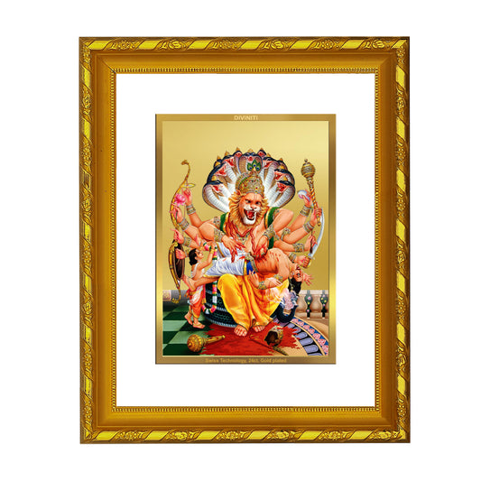DIVINITI 24K Gold Plated Foil Narsimha Photo Frame Idol for Home Decor, Puja Room, Table Top, Wall Hanging, Workshop, Luxurious Gift|DG103 Size 2 (22.6x18.4 CM)