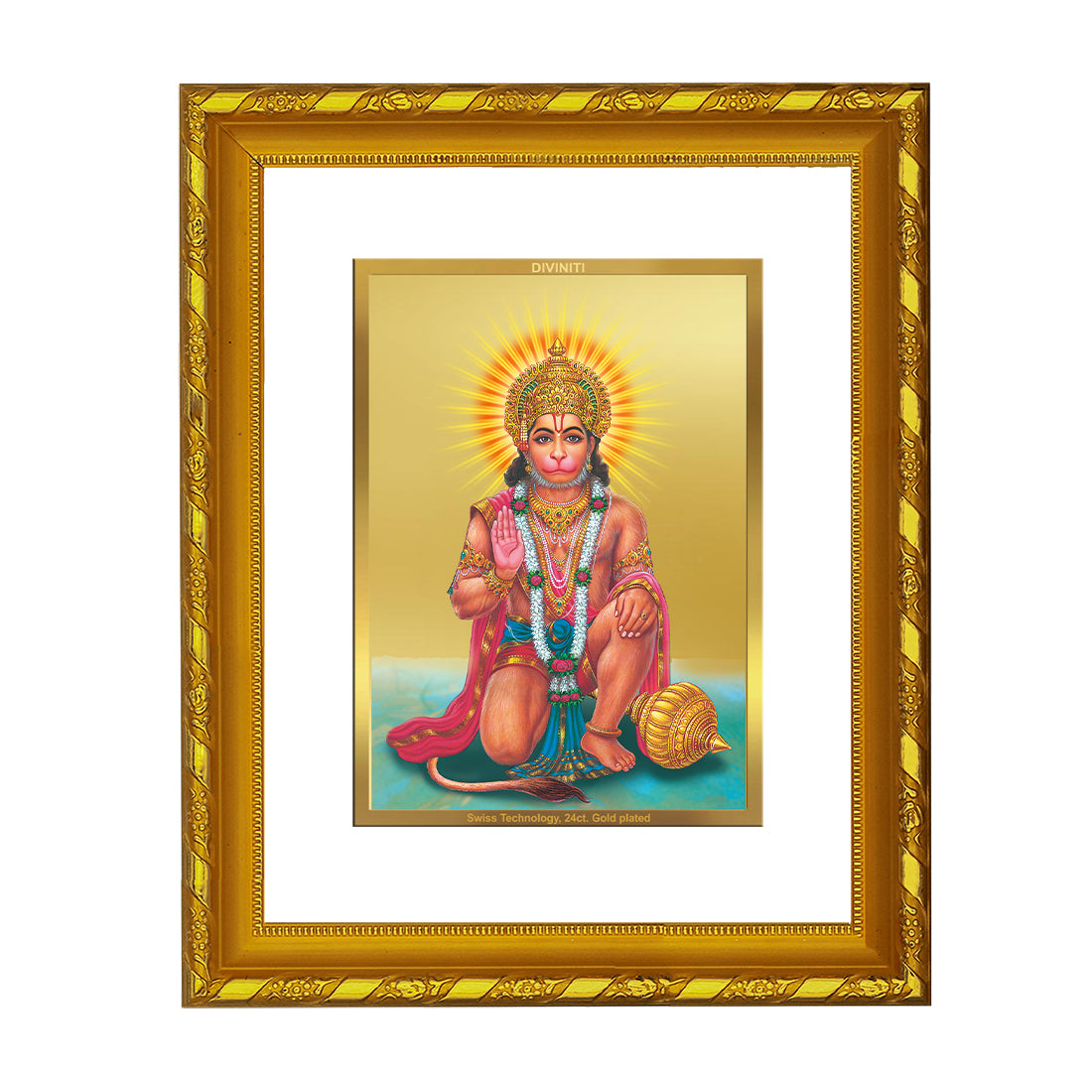 DIVINITI 24K Gold Plated Lord Hanuman Photo Frame Idol for Home & Office Decor, Wall Hanging, Workshop, Table Top, Gift|DG103 Size 2 (22.6x18.4 CM)