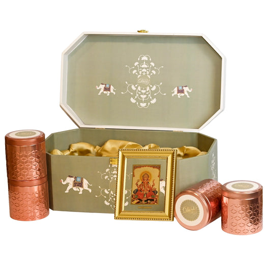 Diwali Gift Hamper | Four Premium Containers with Ganesha 24K Gold Plated Foil Photo Frame in Designer Box