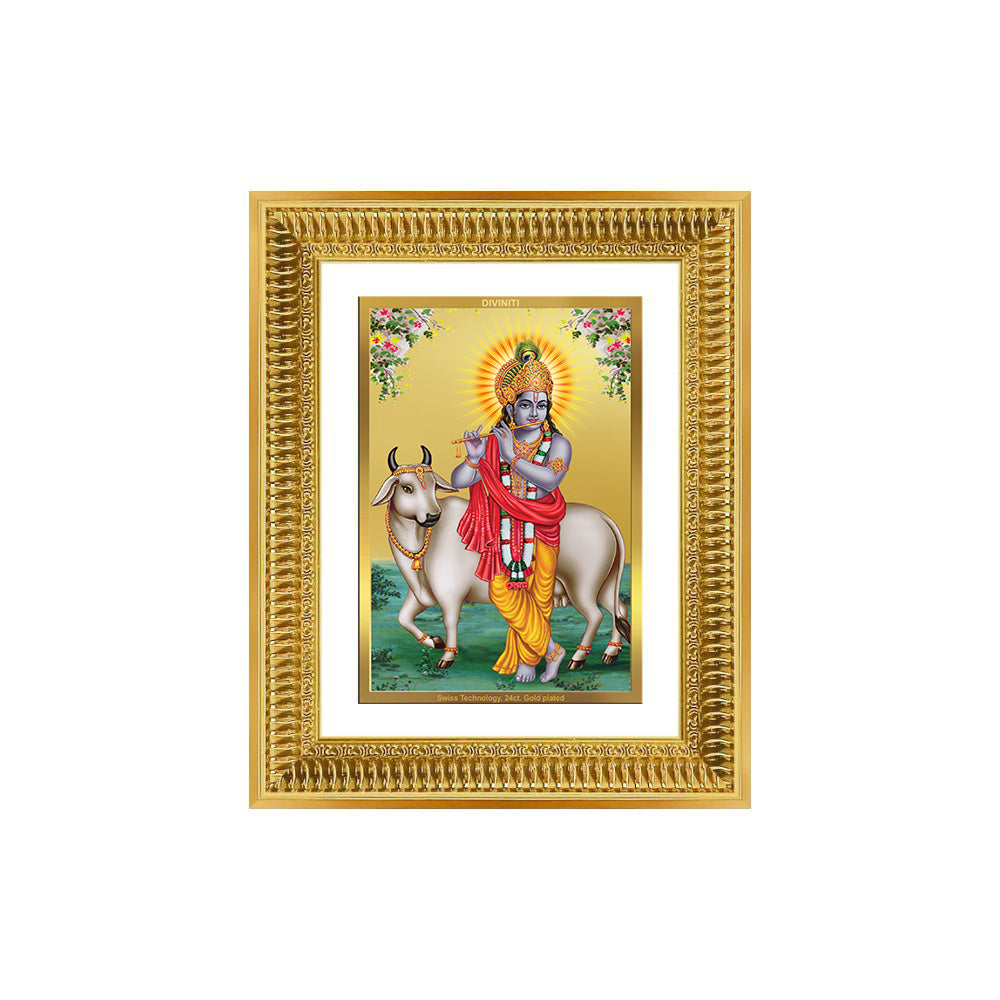 Diviniti 24K Gold Plated Krishna With Surbhi Cow (Classic) Divine Wall Frame for Home Mandir & Office Decor | Luxury Spiritual Gift