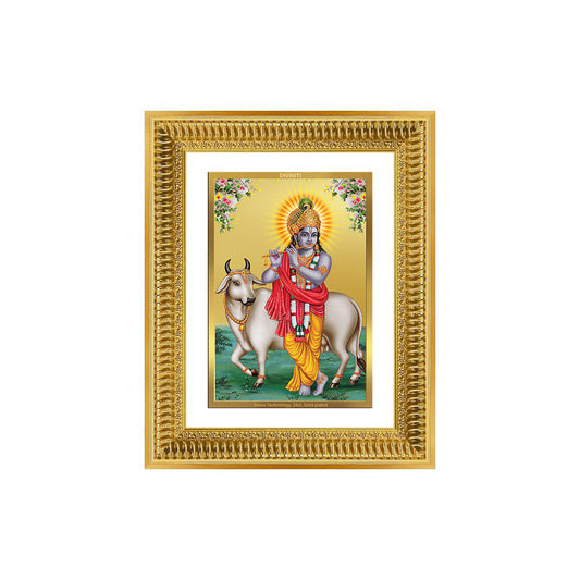 Diviniti 24K Gold Plated Krishna With Surbhi Cow (Classic) Divine Wall Frame for Home Mandir & Office Decor | Luxury Spiritual Gift