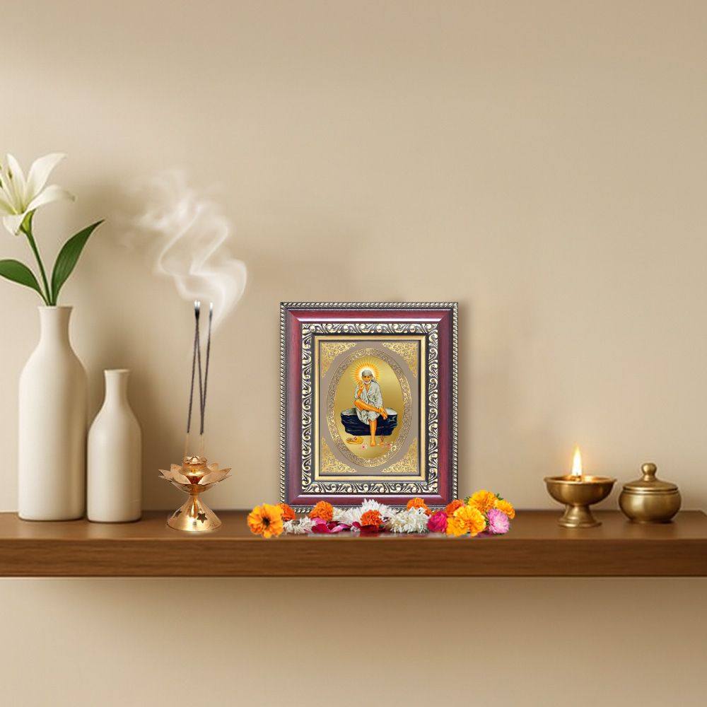 Sai Baba Divine Shirdi Sacred Faith & Blessings Royal Tabletop Frame in 24K Gold Plated Foil