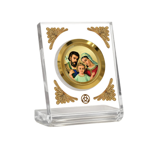 Holy Family Acrylic Car Dashboard Frame Diviniti Premium Gold on Gold 24K gold plated car dashboard frame in a clear display.