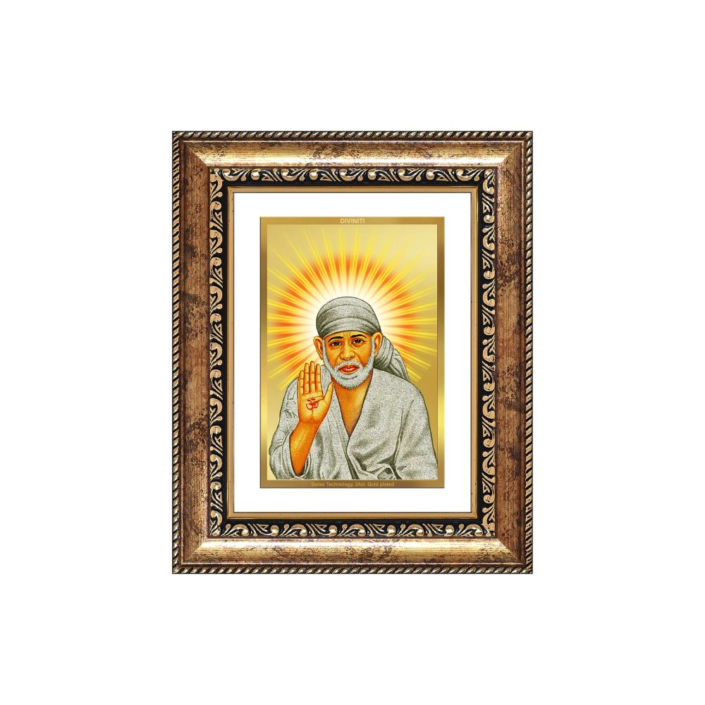 Diviniti 24K Gold Plated Sai Baba With Blessings (Classic) Divine Wall and Table Top Frame for Home Mandir & Office Decor | Luxury Spiritual Gift