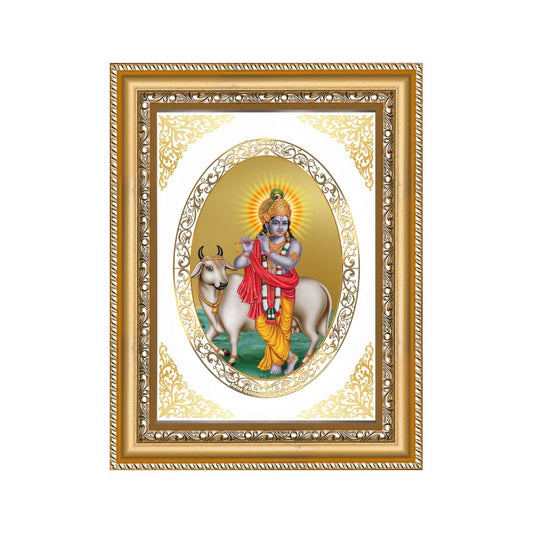 Lord Krishna with Cow | Divine Wall & Tabletop Royal Photo Frame in 24K Gold Plated Foil