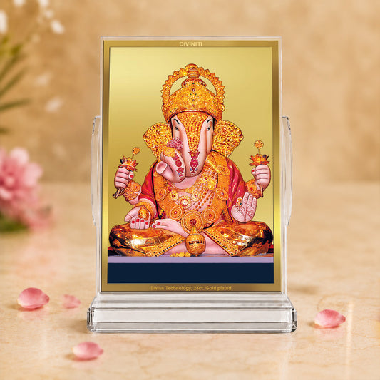 24K Gold-Plated Dagdu Ganesha Acrylic Car Dashboard Frame | 11x7 CM