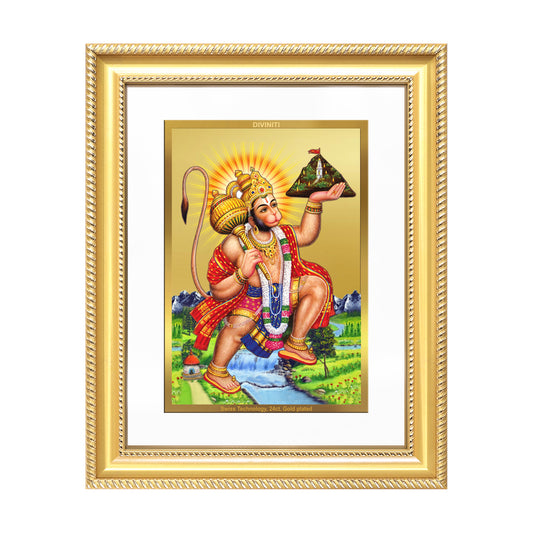 Diviniti 24K Gold Plated Hanuman With Mountain (Classic) Divine Wall Frame for Home Mandir & Office Decor | Luxury Spiritual Gift