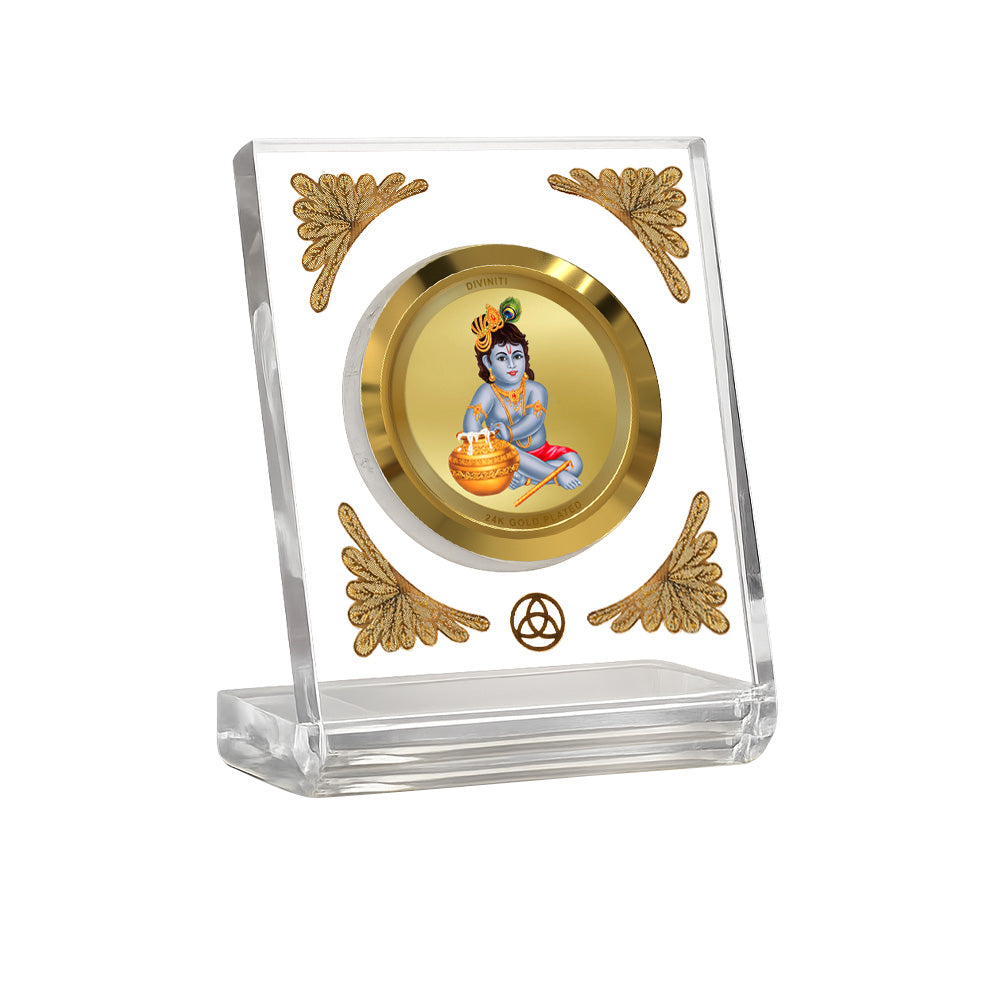 Bal Gopal Diviniti Premium Gold on Gold 24K gold plated car dashboard frame in a clear display.