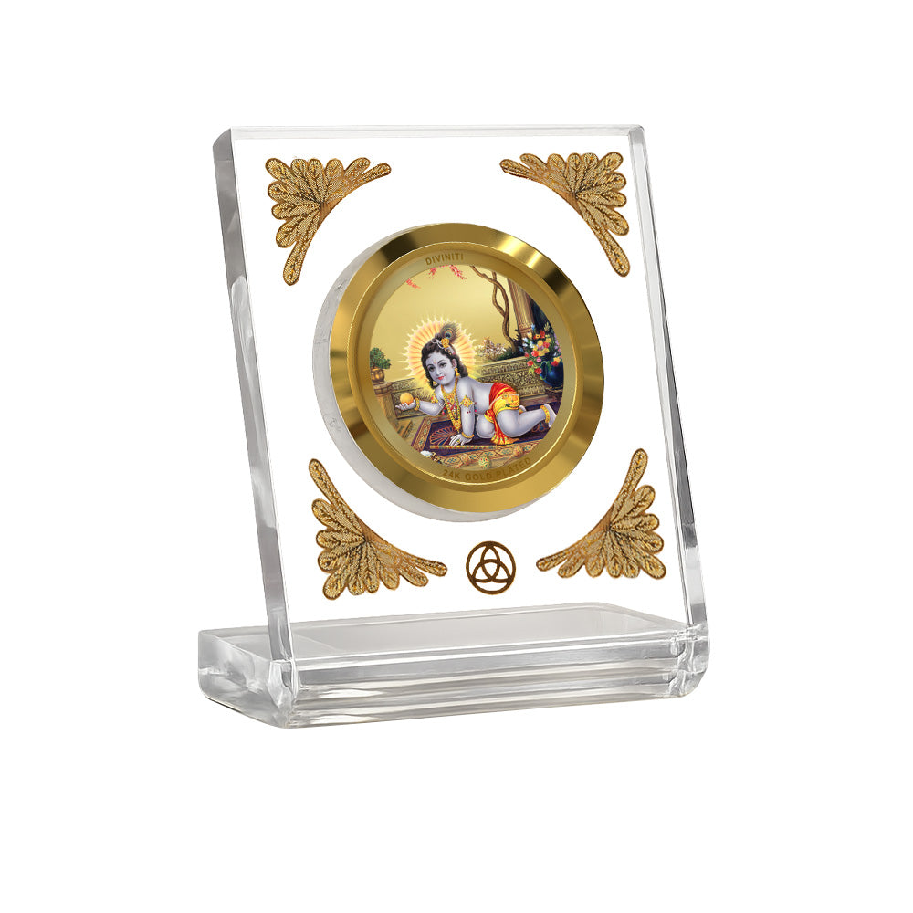 Diviniti 24K Gold Plated Laddu Gopal Acrylic Car Dashboard Frame | Baby Krishna for Car, Home Décor, Tabletop & Puja Room | Blessings of Joy, Love & Prosperity (ACF1CH)