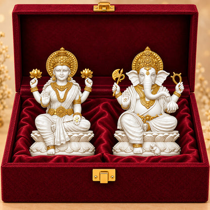 999 Silver-Plated Lakshmi Ganesha Idol | Premium Gift Box | 6x8 CM