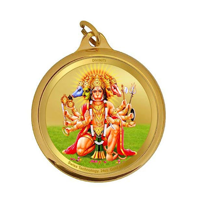 Diviniti 24K Gold Plated Lord Panchmukhi Hanuman & Yantra 18MM Double Sided Pendant For Men, Women & Kids