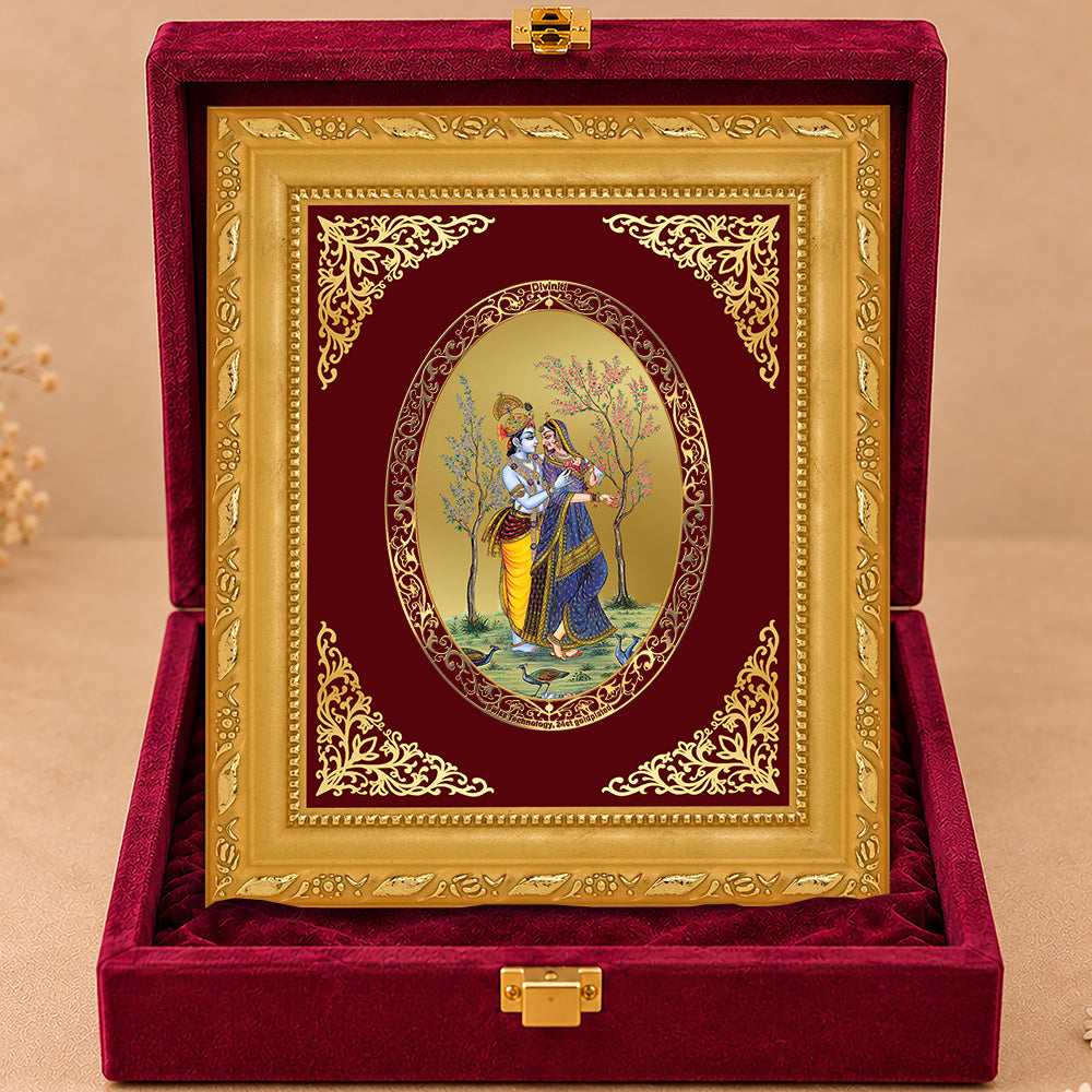 24K Gold-Plated Radha Krishna with Peacock Frame | Premium Gift Box | 16x13.5 CM