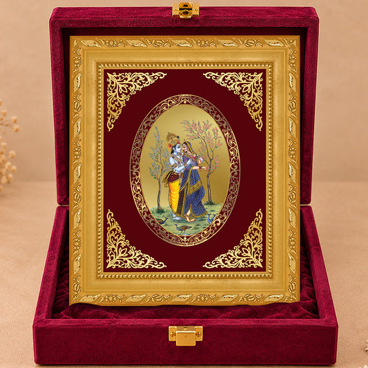 24K Gold-Plated Radha Krishna with Peacock Frame | Premium Gift Box | 16x13.5 CM