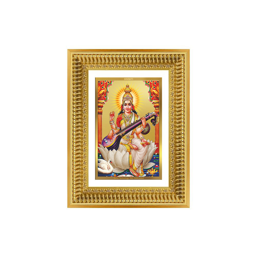 Diviniti 24K Gold Plated Saraswati Mata (Classic) Divine Wall Frame for Home Mandir & Office Decor | Luxury Spiritual Gift