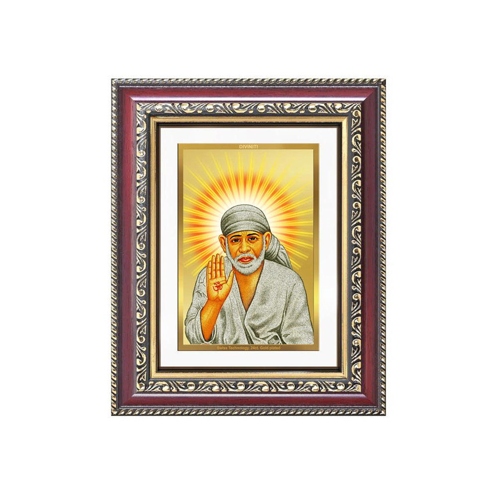 Diviniti 24K Gold Plated Sai Baba With Blessings (Classic) Divine Wall and Table Top Frame for Home Mandir & Office Decor | Luxury Spiritual Gift