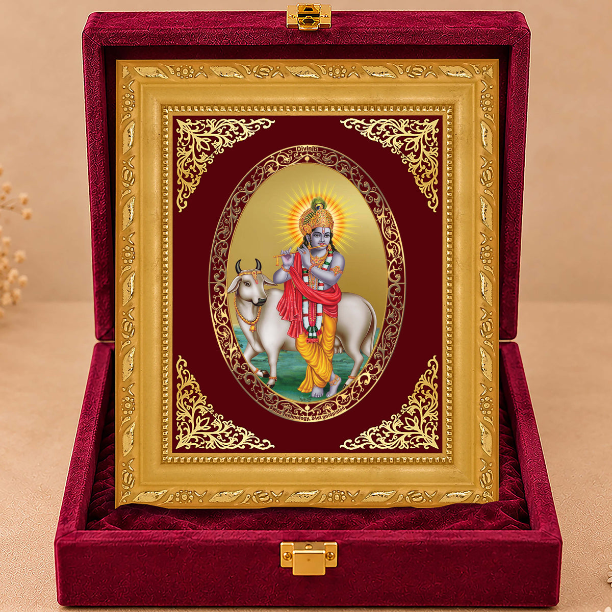24K Gold-Plated Lord Krishna with Surbhi Cow Frame | Premium Gift Box | 21.5x17.5 CM