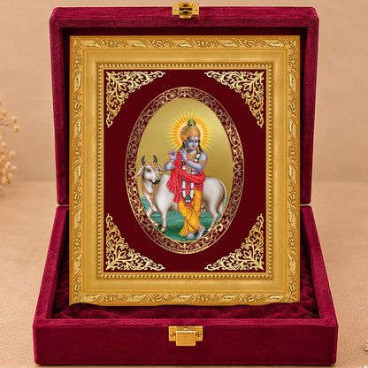 24K Gold-Plated Lord Krishna with Surbhi Cow Frame | Premium Gift Box | 21.5x17.5 CM