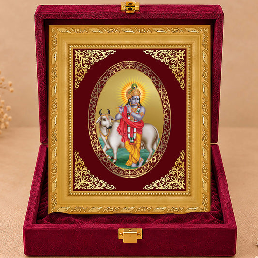 24K Gold-Plated Lord Krishna with Surbhi Cow Frame | Premium Gift Box | 21.5x17.5 CM