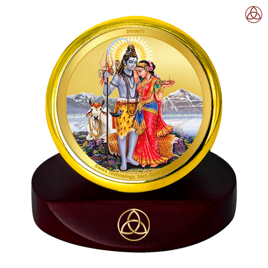 Diviniti 24K Gold Plated Shiv Parivar Photo Frame for Car Dashboard Idols, Home Decor, Table Top, Puja Room Worship and Festival Gift MCF1CGOLD (5.5x5 CM)