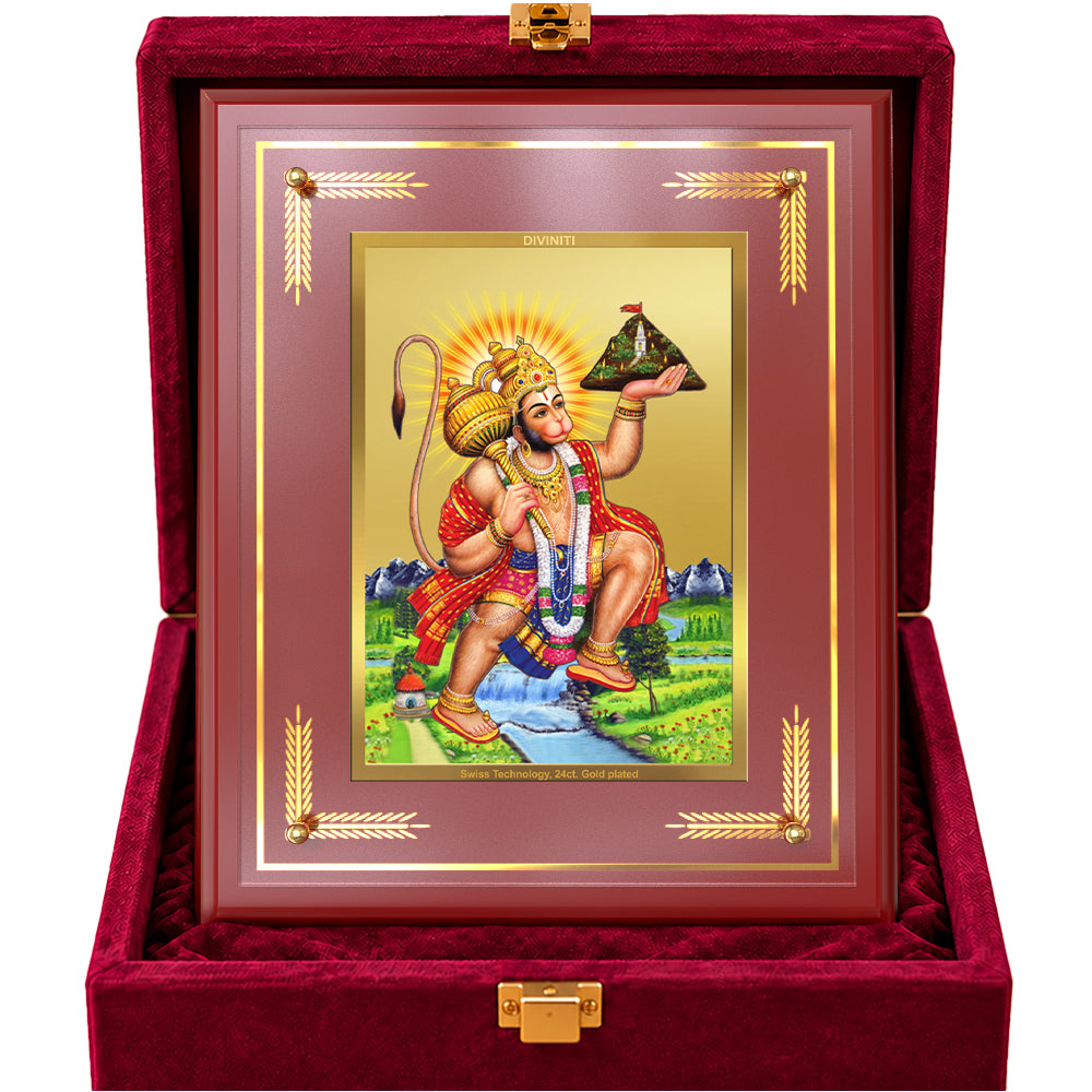 24K Gold-Plated Hanuman with Sanjeevani Mountain MDF Frame | Premium Gift Box | 27x35 CM