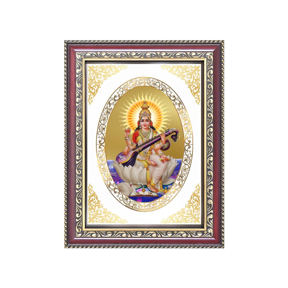 Saraswati Mata | Divine Knowledge & Wisdom Wall & Tabletop Royal Photo Frame in 24K Gold Plated Foil