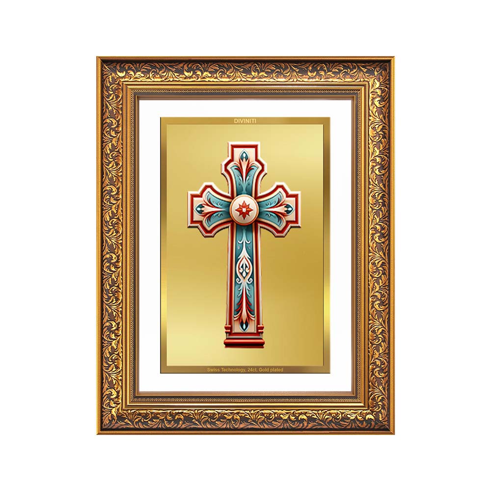 Diviniti 24K Gold Plated Holy Cross (Classic) Divine Wall Frame for Home Mandir & Office Decor | Luxury Spiritual Gift
