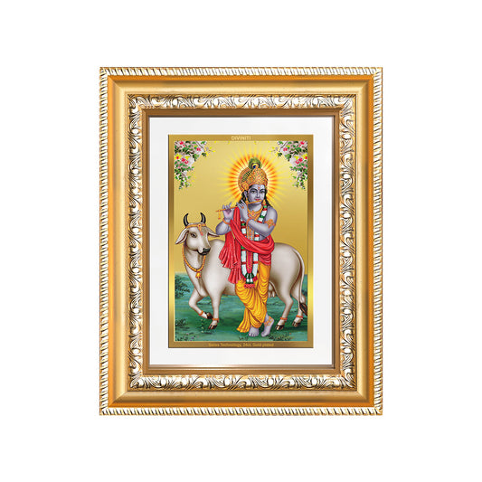 Diviniti 24K Gold Plated Krishna With Surbhi Cow (Classic) Divine Wall and Table Top Frame for Home Mandir & Office Decor | Luxury Spiritual Gift