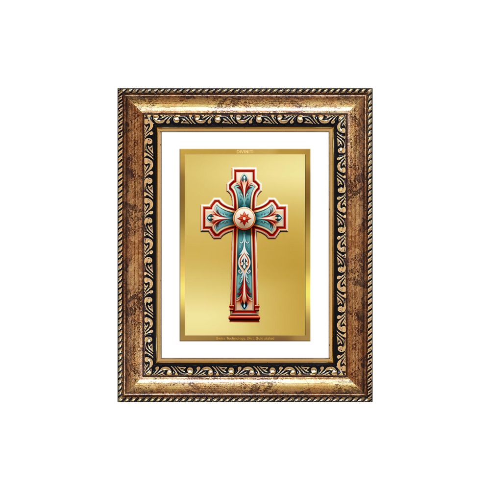 Diviniti 24K Gold Plated Holy Cross (Classic) Divine Wall and Table Top Frame for Home Mandir & Office Decor | Luxury Spiritual Gift