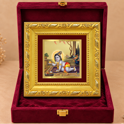 24K Gold-Plated Bal Krishna Laddu Gopal Frame | Premium Gift Box | 10x10 CM