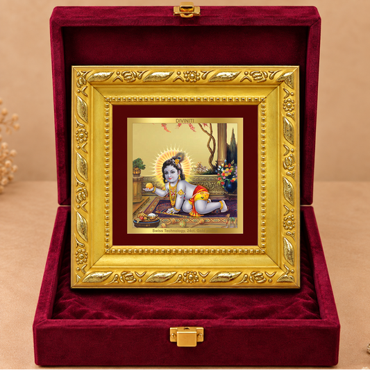 24K Gold-Plated Bal Krishna Laddu Gopal Frame | Premium Gift Box | 10x10 CM
