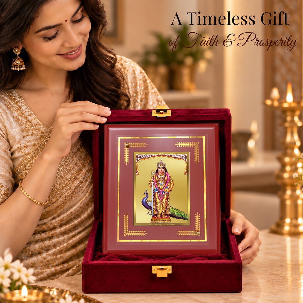 24K Gold-Plated Lord Murugan MDF Frame | Premium Gift Box | 13.5x16 CM