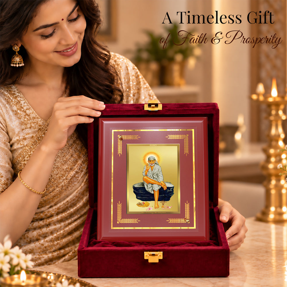 24K Gold-Plated Sai Baba MDF Frame | Premium Gift Box | 13.5x16 CM