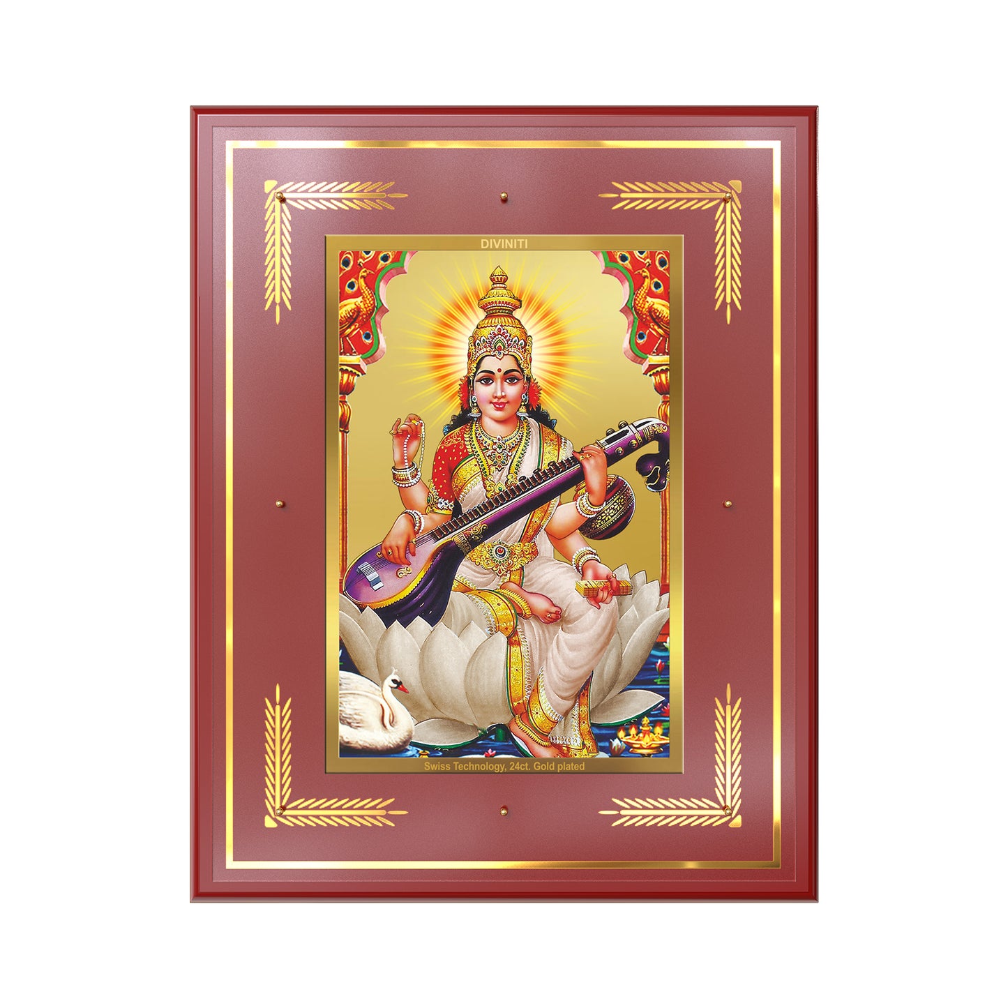 Goddess Saraswati | Divine Mother of Wisdom & Arts Wall Mount Photo Frame in 24K Gold Plated Foil