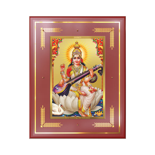 Goddess Saraswati | Divine Mother of Wisdom & Arts Wall Mount Photo Frame in 24K Gold Plated Foil