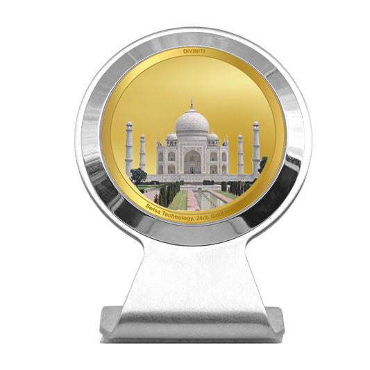 Diviniti 24K Gold Plated Foil Taj Mahal Frame for Car Dashboard, Home Decor, Worship, Tabletop & Festival Gift MCF1CR (6.2x4.5 CM)