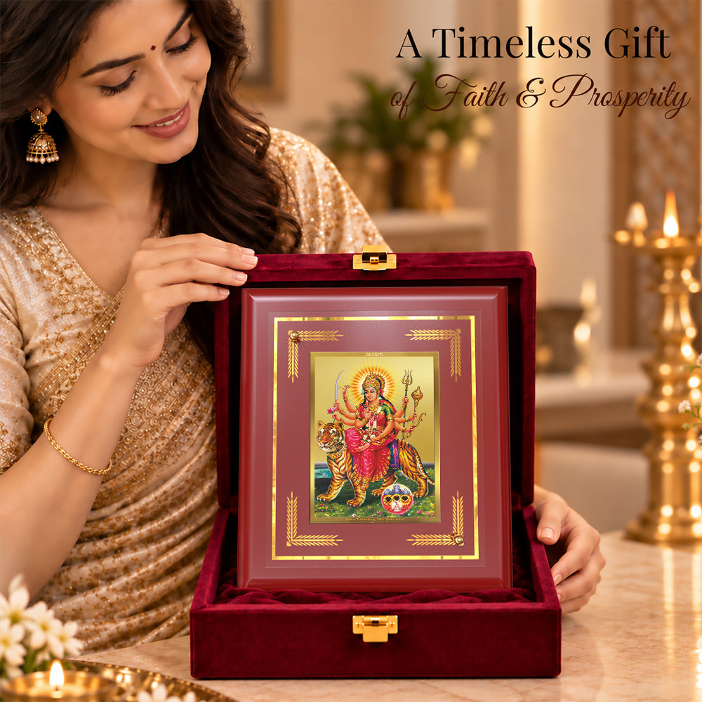 24K Gold-Plated Sherawali Mata with Pindi MDF Frame | Gift Box | 13.5x16 CM