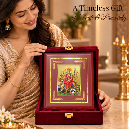 24K Gold-Plated Sherawali Mata with Pindi MDF Frame | Gift Box | 13.5x16 CM