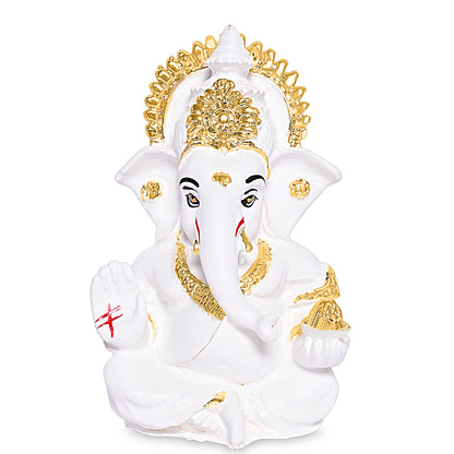 Diviniti 24K Gold Plated Resin Lord Ganesha Idol for Car Dashboard Tabletop for Home Decor Mandir Puja Gift White (8.4x4.2cm)