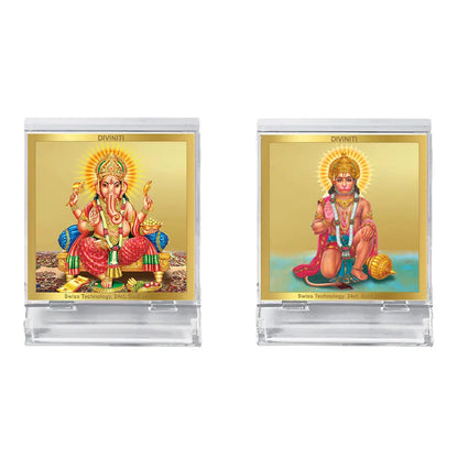 Diviniti 24K Gold Plated Ganesha & Hanuman Acrylic Frame for Car Dashboard Including Shipping ACF3A (5.8x4.8 CM)