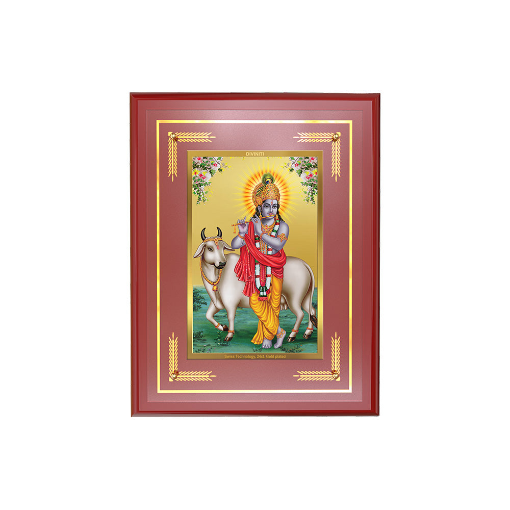 Diviniti 24K Gold Plated Lord Krishna with Surbhi Cow Blessing Tabletop Photo Frame | Love, Compassion & Divine Grace