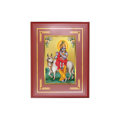 Diviniti 24K Gold Plated Lord Krishna with Surbhi Cow Blessing Tabletop Photo Frame | Love, Compassion & Divine Grace