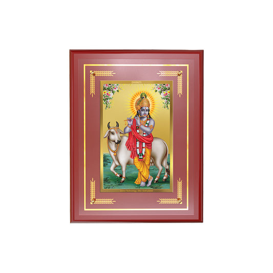 Diviniti 24K Gold Plated Lord Krishna with Surbhi Cow Blessing Tabletop Photo Frame | Love, Compassion & Divine Grace